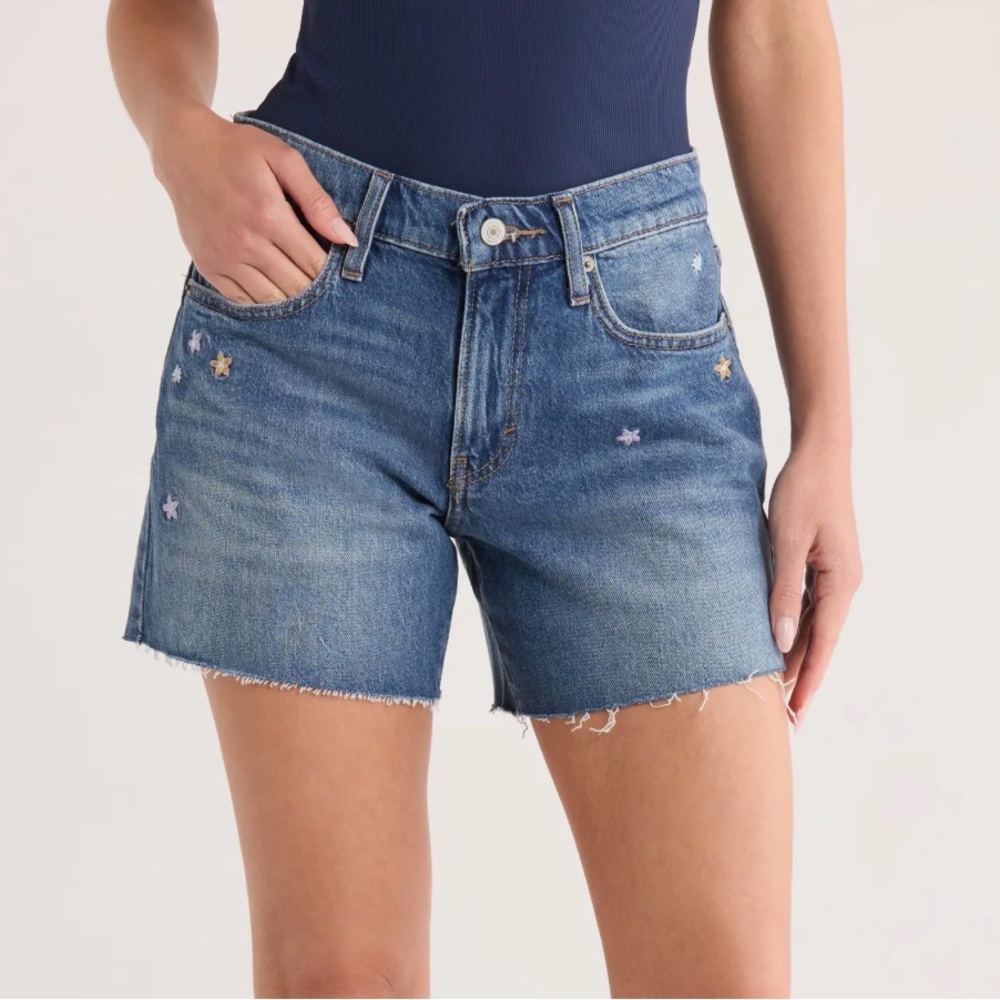 Lucky Brand Women's 90s Midi Embroidered Blue Jean Shorts